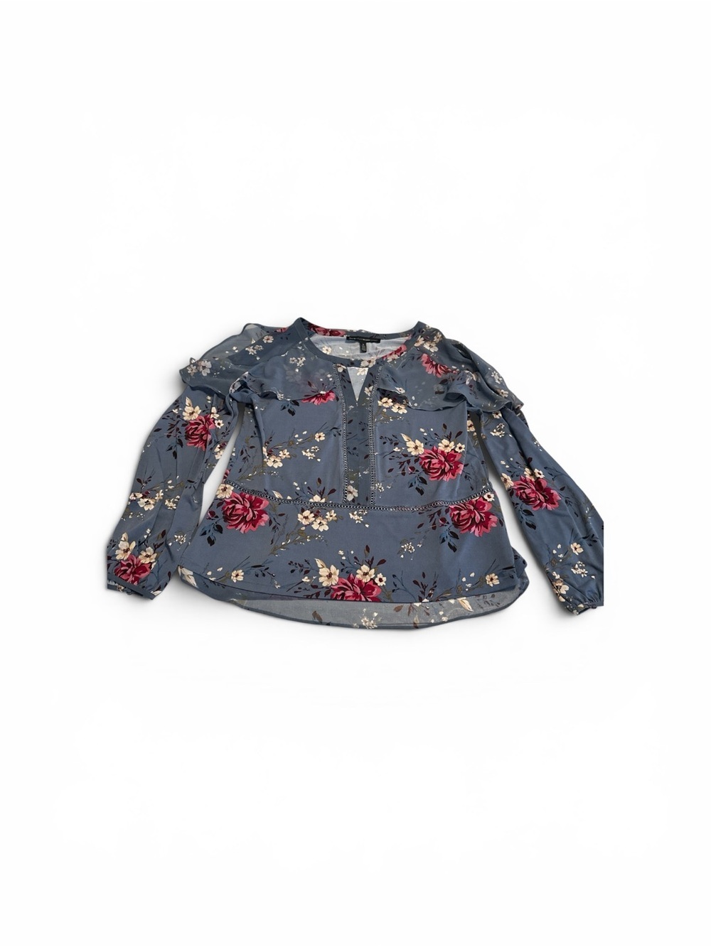 White House Black Market Floral Ruffle Blouse Medium Blue Long Sleeve Top
